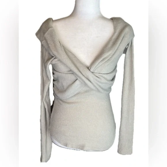 Free People Marley cross front long sleeve ribbed sweater top tan beige L large - Picture 4 of 9